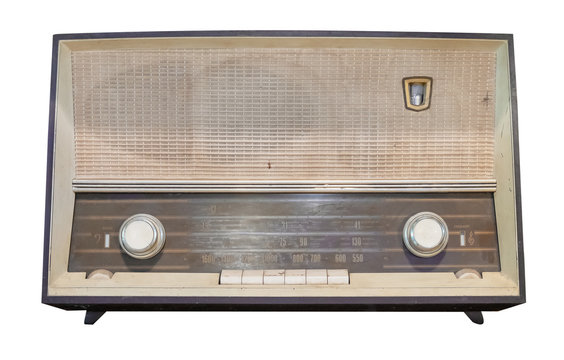 Vintage radio receiver - antique wooden box radio isolate on white with clipping path for object, retro technology