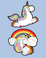 two cute unicorn stickers on blue background.