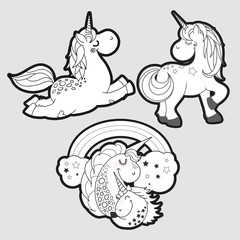 Three cute monochrome unicorns stickers on blue background.