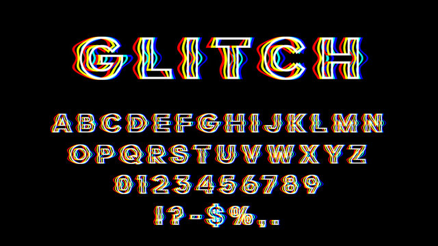 Glitch font with distortion 3D effect. English letters, numbers and symbols with glitch effect. Yellow, red and blue channels.