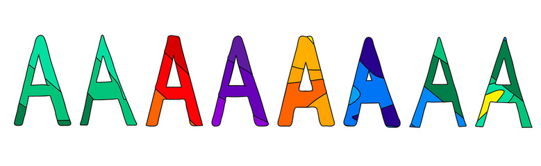 Letters A. Multicolored colorful contrasting cartoony letters. Funny symbols. Set 8 in 1.