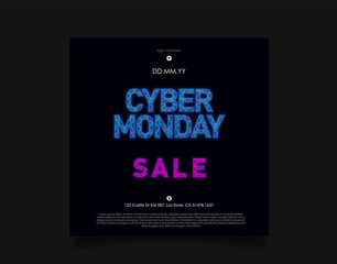 Cyber Monday sale inscription in Futuristic Hologram HUD style on dark background with blue lights. Design for flyer, event advertising, branding, shares, promotion etc.