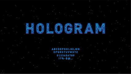 Futuristic Hologram HUD blue vector font design. English alphabet with hologram effect. Digital hi-tech style letters and symbols. Typography design for headlines, labels, posters, cover, music events