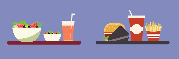 Cafeteria food flat vector illustrations set