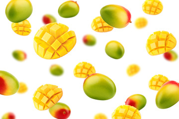 Falling mango isolated on white background, selective focus