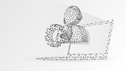 Support manager silhouette with a gear on notebook screen. Consultant, problem-solution engine concept. Abstract, digital wireframe, low poly mesh, vector white origami 3d illustration. Line dot