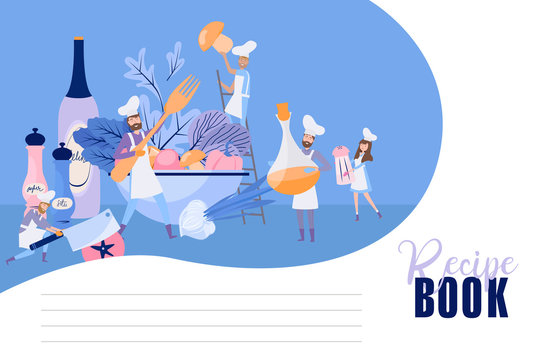 People Cook in Chef Uniform and Cap. Teamwork, Tiny Characters cooking huge salad. Food Preparing Process. Recipe illustration. Editable vector illustration
