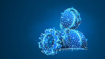 Support engineer, cogwheel with employee profile silhouette. User portrait, problem-solution engine concept. Abstract, digital wireframe, low poly mesh, vector blue neon 3d illustration. Line dot