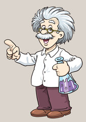 Smart professor genius scientist chemistry teacher with beaker pointing cartoon 