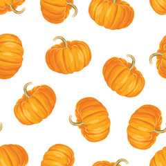 Pumpkin color vector background. Seamless pattern with orange pumpkins on white background. Illustration of vegetables in cartoon flat style.