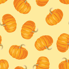Orange pumpkins on yellow background seamless pattern. Thanksgiving day background. Vector autumn illustration of vegetables in cartoon flat style.