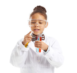 Little African-American scientist on white background