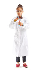 Little African-American scientist on white background