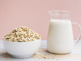 Breakfast with oatmeal bowl and milk