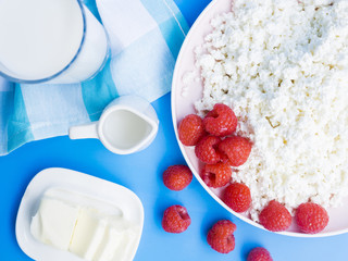 Breakfast with raspberries and dairy products