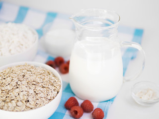 Oatmeal bowl with raspberry and milk