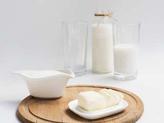 Bottle and glass of milk with butter