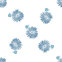 Blue chamomile meadow  wildflower Nature seamless pattern. Silhouette vector. Spring decoration.
