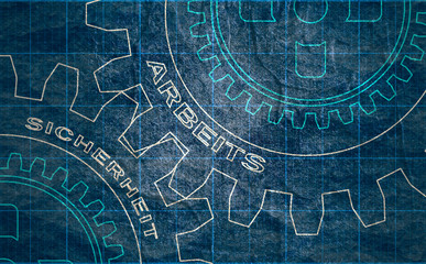 Work and safety text on the mechanism of gears. An inscription in German. Communication concept in industrial design. Math science engineered drawn project plot concept