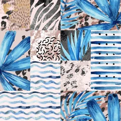  Handgeschilderde aquarel palmbladeren, strepen, dierenprint, doodles, grunge en aquarel texturen geometrische achtergrond © Tanya Syrytsyna