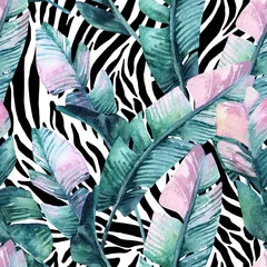 Fototapete Aquarell Natur Bananenblatt auf nahtlosem Muster des Tierdrucks
