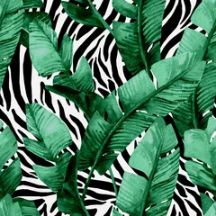 Vlies Fototapete Aquarell Natur Bananenblatt auf nahtlosem Muster des Tierdrucks. Ungewöhnliche tropische Blätter, Tigerstreifenhintergrund