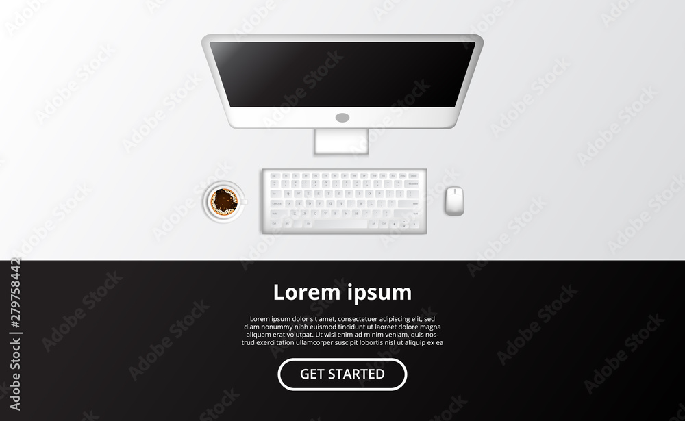 Wall mural top view realistic computer all in one pc with mouse and a cup of coffee.