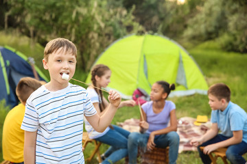 Fototapeta premium Little boy with marshmallow on stick at summer camp