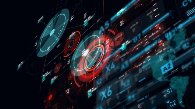 Futuristic user interface HUD GUI digital text number element for cyber technology concept with shallow depth of field dark and grain processed