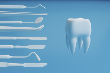 Image of a tooth on a blue background with a dentist's tools. Dentist set tools for inspect of the teeth. 3D rendering.