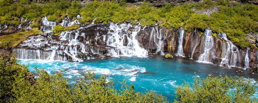 Barnafoss and Hraunfossars waterfall in Iceland	