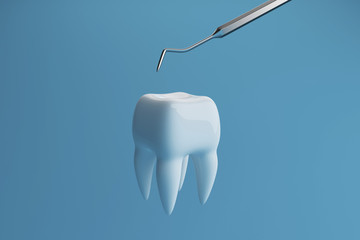 Image of a tooth on a blue background with a dentist tool. Dentist tool for inspect of the teeth. 3D rendering.