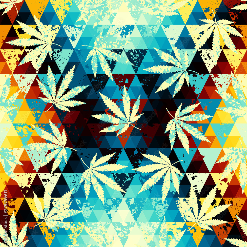 Poster seamless background pattern. rastafarian chevron pattern and grunge hemp leaves.