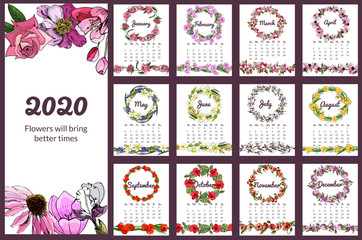 Calendar 2020 with hand drawn different flowers in sketch style. Set with floral wreaths and endless brushes for 12 month. Elegant botanical elements isolated on white background.