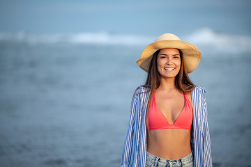 Summer portrait of sexy sensual woman posing in bikini