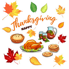 Happy Thanksgiving. Greeting card with sweet pie, turkey, drink and bread on an autumnal background. Vector illustration
