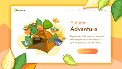 Landing page template. Camping equipment on autumn background. Bright vector illustration concept for websites