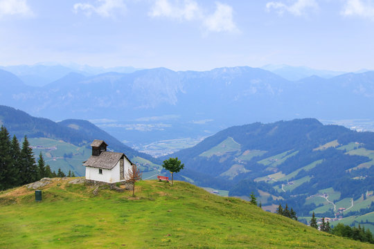 Holiday destination Wildschönau - Niederau, on the mountain Markbachjoch with chapel in summer, Tyrol - Austria