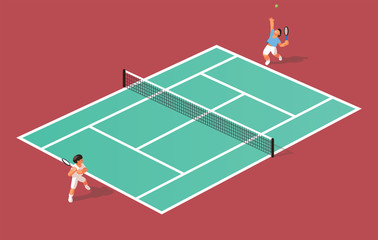 Two tennis players play tennis on the court. Vector illustration. Top view
