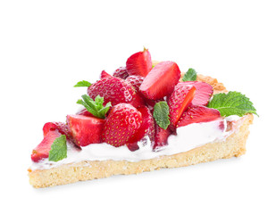 Piece of tasty strawberry cake on white background