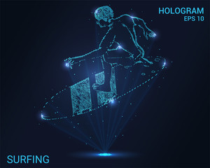Fototapeta na wymiar Hologram surfing. Surfer on the Board top view. Holographic projection surfing.