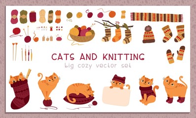 Obraz na płótnie Canvas Knitting and pets flat vector stickers set. Adorable cats wearing woolen handmade knitwear cartoon characters. Cute playful kittens with yarn balls hand drawn illustrations for scrapbook collection