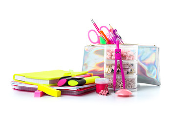 Set of school supplies on white background