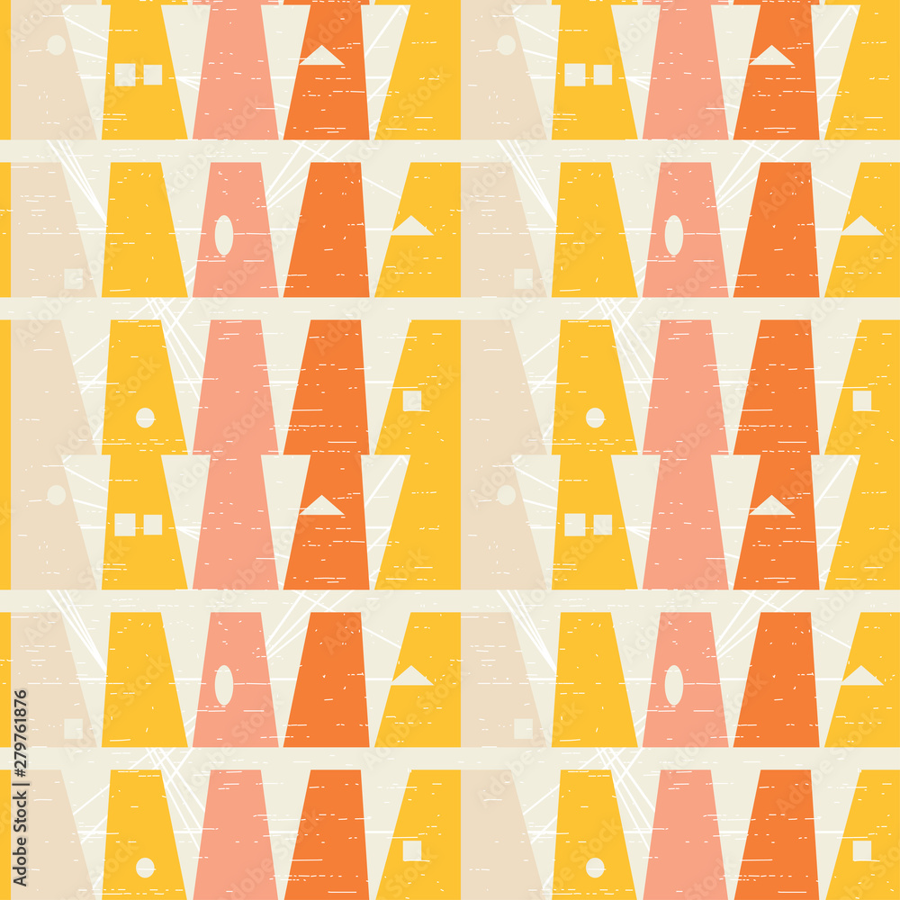 Poster Abstract geometric vector seamless pattern inspired by mid-century modern fabrics. Simple shapes in retro pastel colors and textured background. Clipping mask is used for easy editing. eps 10 vector