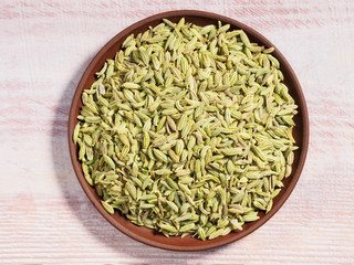 Spice Fennel (Foeniculum vulgare) in a brown clay plate on a wooden background