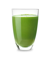 Glass of healthy smoothie on white background