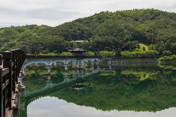 View on Moonlight Bridge, korean Woryeonggyo, and river Nakdong with pedestrians. Andong, North Gyeongsang Province. South Korea, Asia