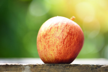 Fresh red apple on wooden table and nature green background in summer fruit