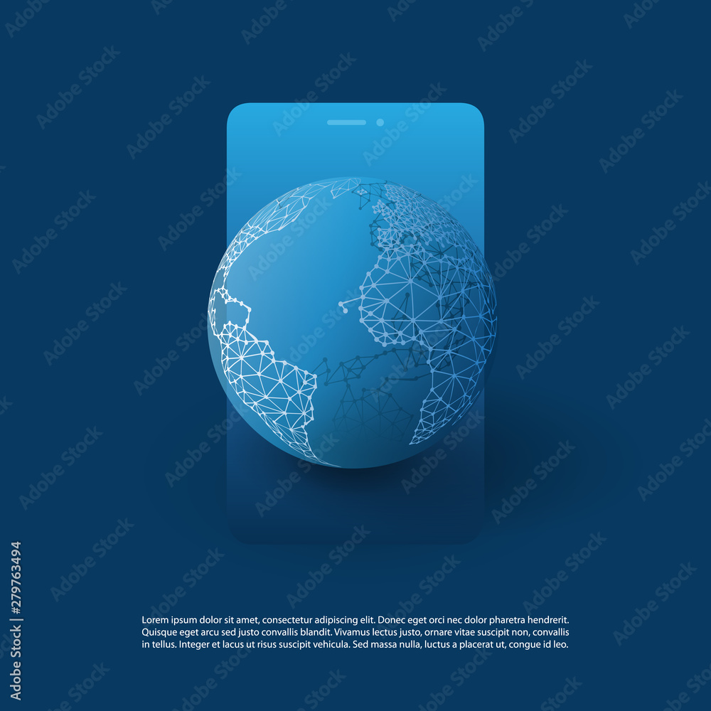 Poster global networks design with network mesh, earth globe and smartphone silhouette - vector template fo