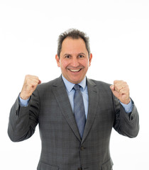 Close up portrait of happy confident middle aged businessman isolated on white background